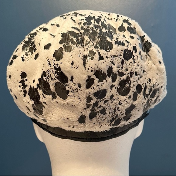 Vintage PLATANIA Italy Womens Newsboy Hat Faux Fur Black &Ivory Spotted Ink blot main image 10